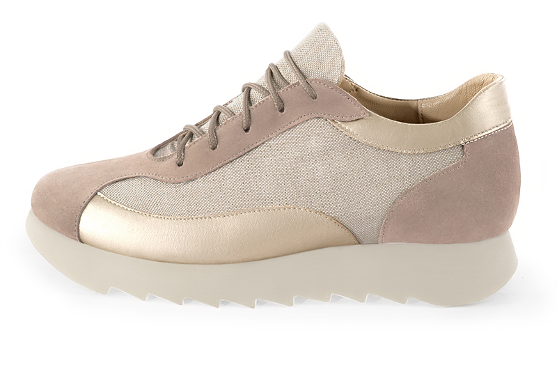 Powder pink and gold women's two-tone elegant sneakers. Round toe. Low rubber soles. Profile view - Florence KOOIJMAN